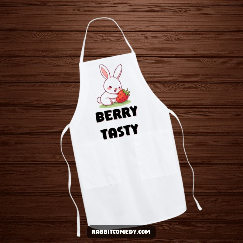 Funny apron with a rabbit whose nose is wiggling excitedly, having just discovered a hidden strawberry, ready for baking fun.