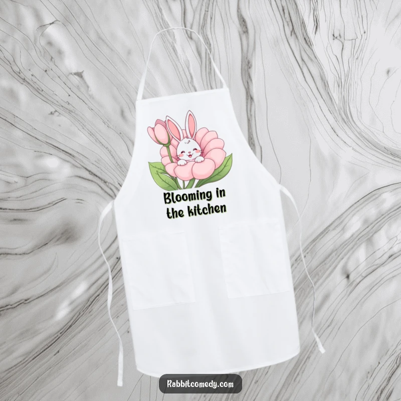 Funny rabbit peeking from a giant flower, happy wiggle, cartoon cooking apron, perfect humorous gift for kitchen enthusiasts.