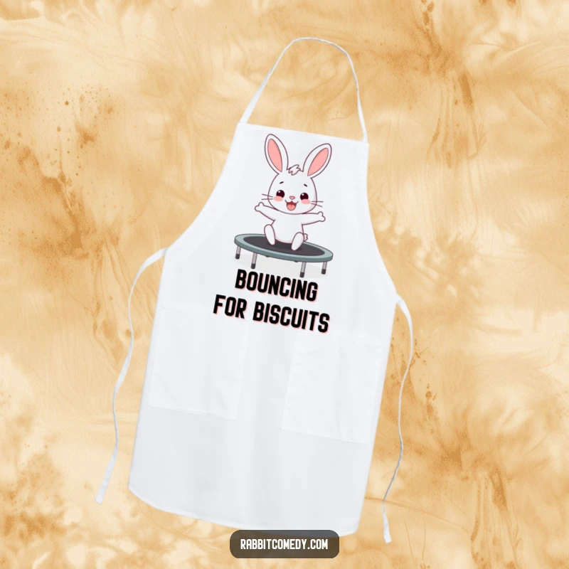 Funny rabbit apron showing a bunny wiggling with excitement while bouncing on a trampoline, a fun kitchen accessory.