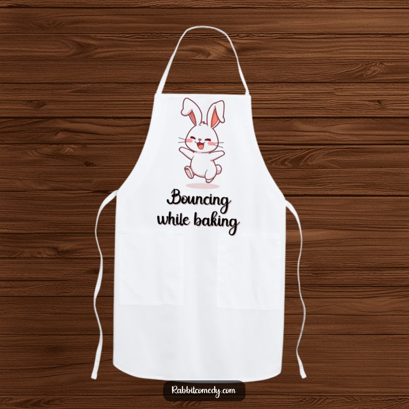 Funny Apron showcasing a rabbit character playfully bouncing with comically floppy ears, ideal for a fun and messy kitchen.
