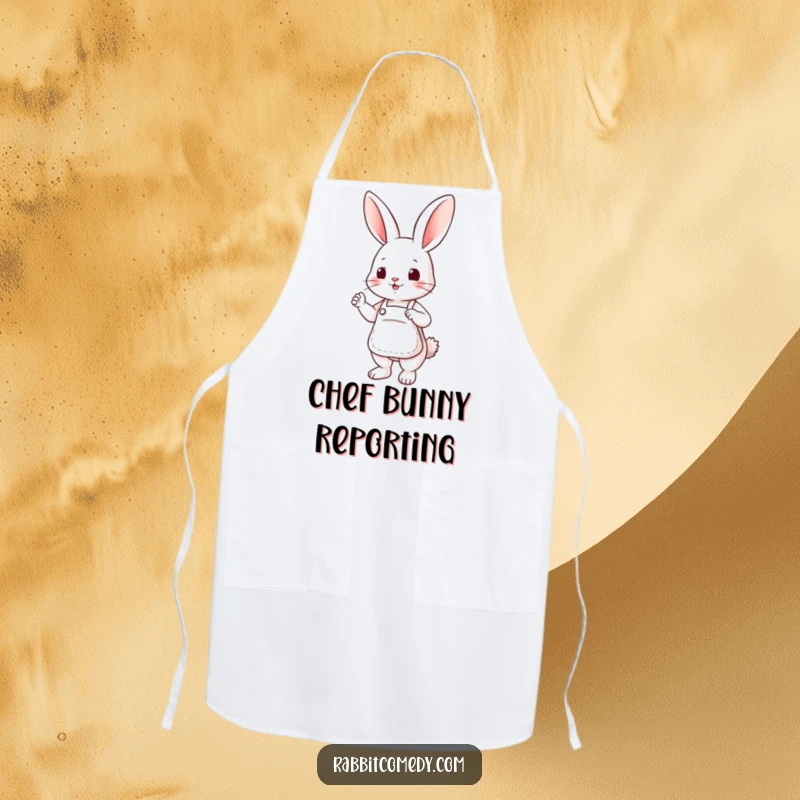Funny apron with a cute rabbit character in a miniature apron, striking a helpful pose for kitchen tasks.