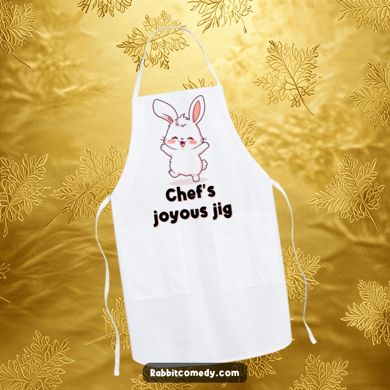 Funny apron featuring a fluffy rabbit doing a silly, wild dance, its floppy ears adding to the comical kitchen chaos.