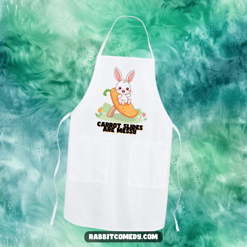 Funny apron with a giddy rabbit character sliding down a carrot slide, adding humor and fun to cooking activities.