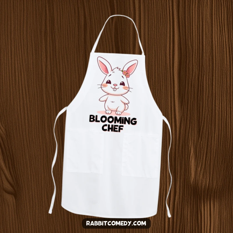 Funny rabbit apron showing a goofy rabbit with a flower crown, twirling with humorous delight, ready for kitchen fun.