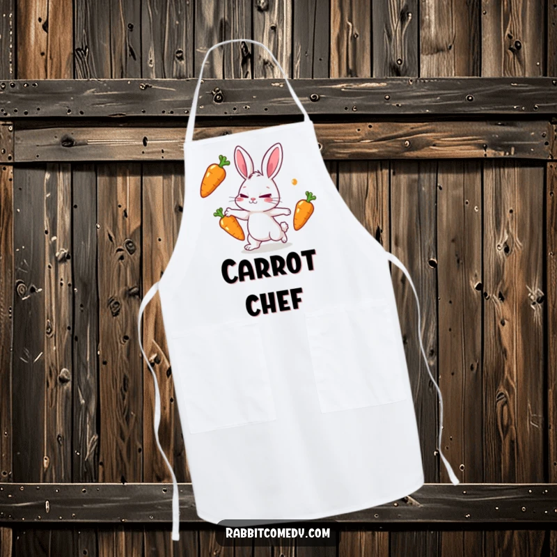 Funny rabbit apron depicting a rabbit character playfully juggling three shiny carrots with a determined squint.