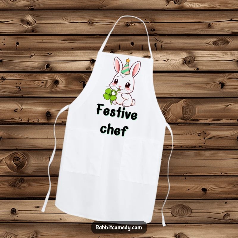 Funny Party Rabbit Kitchen Apron: A festive apron showing a rabbit in a party hat eating a clover.