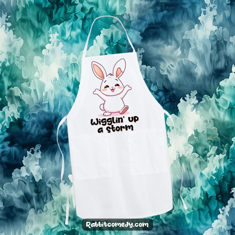 Funny Apron with a happy rabbit doing a silly, wiggly ear dance, making kitchen tasks more enjoyable and humorous.