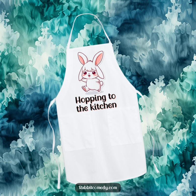 Funny rabbit apron with a cute bunny with floppy ears joyfully hopping, perfect for adding a touch of whimsy to kitchen tasks.