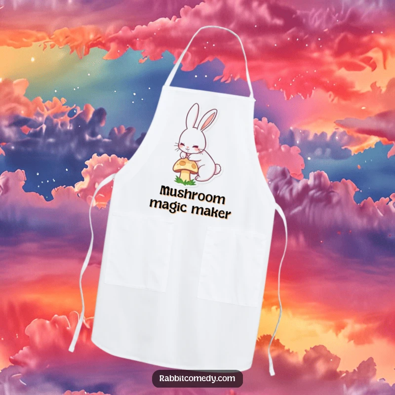 Funny apron featuring a happy, long-eared rabbit boinging energetically over a mushroom while cooking.