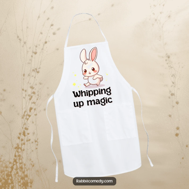 Funny rabbit apron showing a whimsical rabbit playfully chasing a scattering of glowing dust motes.