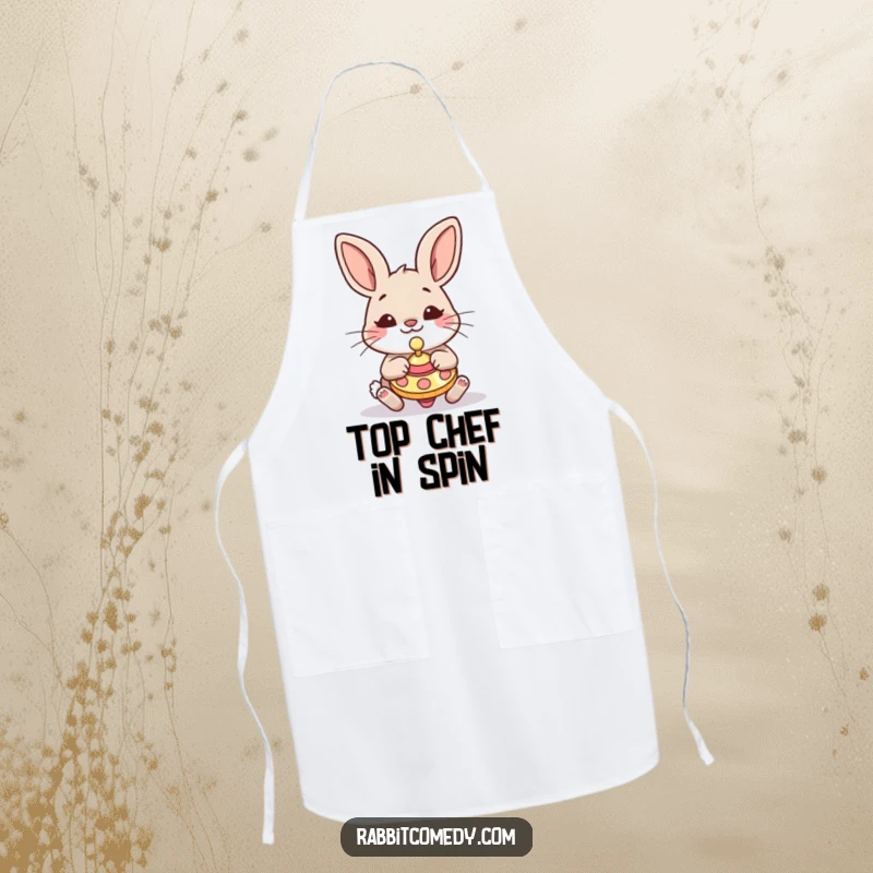 Funny Rabbit Apron: A rabbit with a comically silly expression is shown expertly playing with a spinning top while cooking.