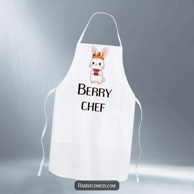 Funny rabbit character balancing a basket of colorful berries on its head on a kitchen apron, bringing whimsical charm