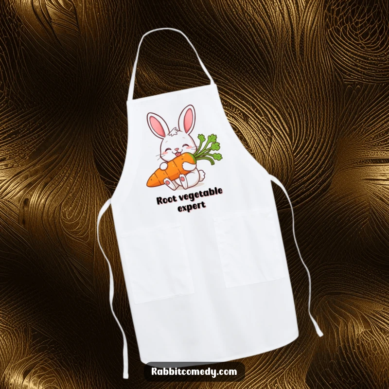 Funny apron showing a happy rabbit chef with a wide smile, about to take a big bite from a huge, fresh carrot.