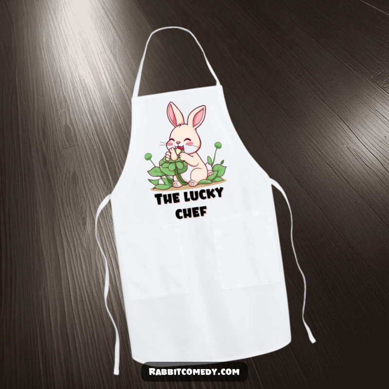 Funny Rabbit Clover Apron: An apron design shows a rabbit happily nibbling on a giant clover, bringing luck and cheer to the kitchen.