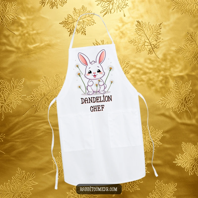 Funny Rabbit Dandelion Kitchen Apron: A humorous apron depicting a grinning rabbit juggling large dandelions.