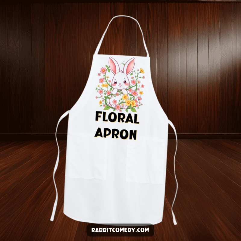 Funny apron illustrating a rabbit playfully entwined with a whimsical floral vine, adding humor to kitchen activities.