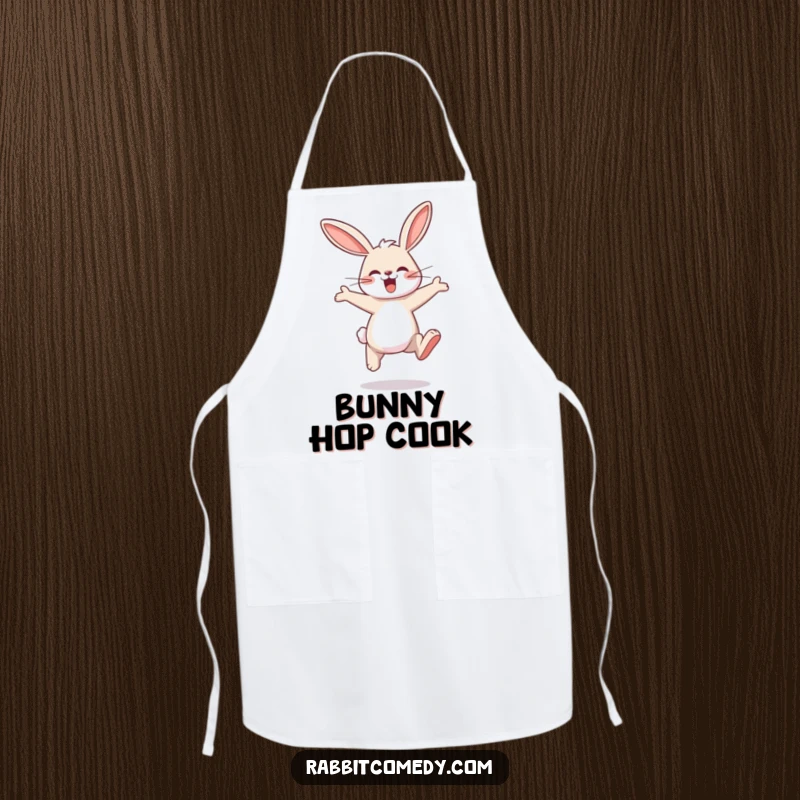 Funny rabbit apron depicting a rabbit character joyfully performing large, exaggerated leaps while hopping.