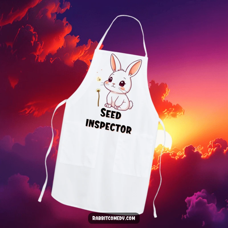 Funny apron featuring a rabbit with perked ears and a curious expression, watching a single dandelion seed float past.