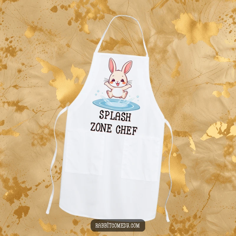 Funny apron with a cartoon rabbit dramatically splashing over a tiny, sparkling puddle while cooking or baking.