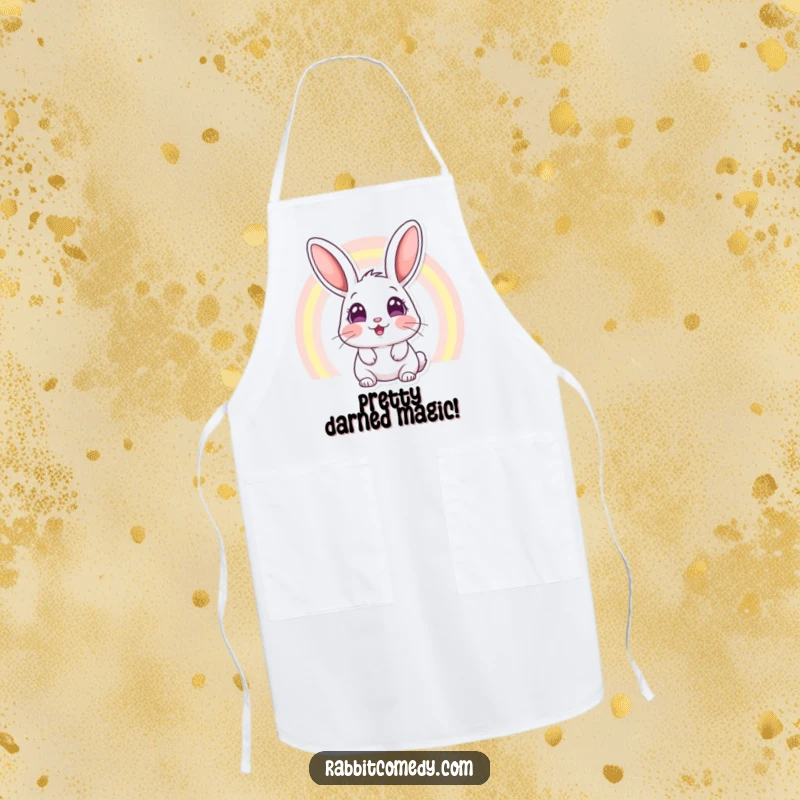 Funny apron depicting a rabbit with wide, amazed eyes staring at a beautiful rainbow, ideal for kitchen fun and protecting clothes.