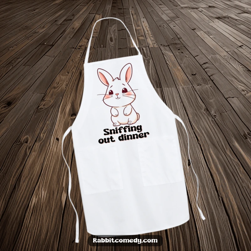 Funny rabbit apron showing a bunny with twitching whiskers sniffing the air, a charming kitchen accessory for curious cooks.