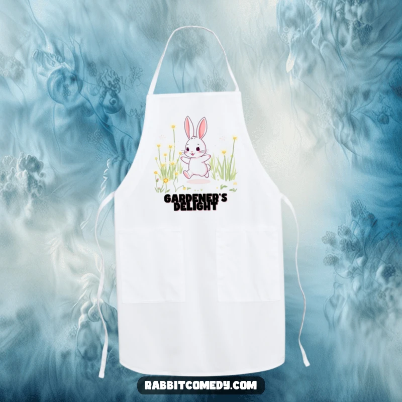 Funny rabbit apron, playfully hopping through oversized sparkling dandelions, perfect for kitchen adventures.