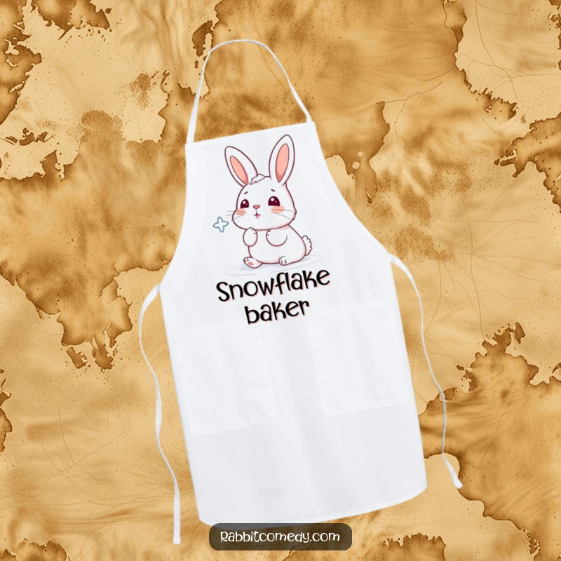 Funny apron showcasing a cartoon rabbit playfully catching a falling snowflake with its nose.