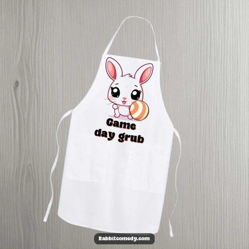 Funny rabbit apron showing an excited rabbit with wide eyes, ready to chase a bouncing, striped ball, perfect for humorous kitchen fun.