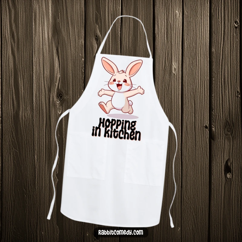 Funny rabbit apron, showing an energetic character joyfully hopping with exaggerated leaps, ready for a fun cooking session.
