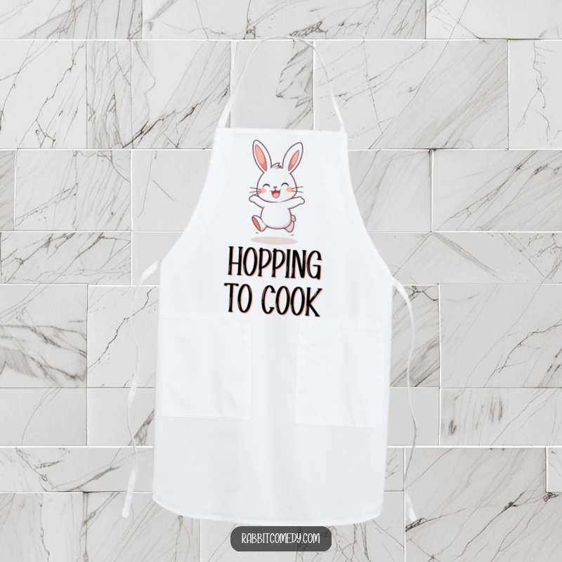 Funny rabbit apron demonstrating a happy bunny, ears high, hopping with enthusiasm, adding a cheerful touch to kitchen activities.