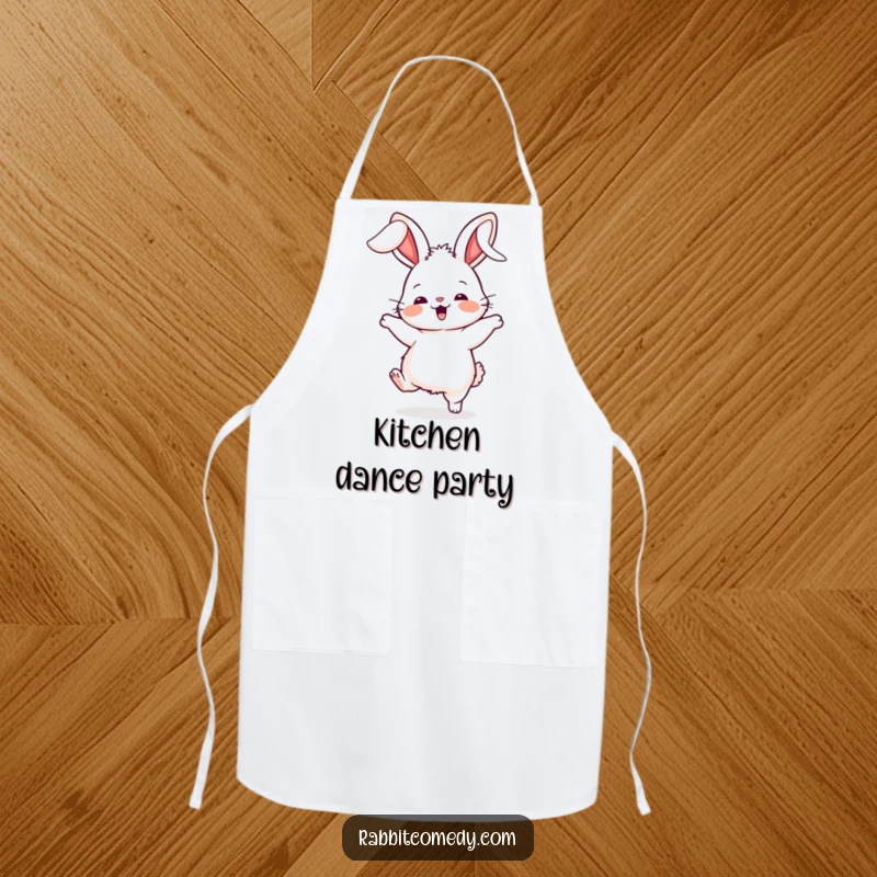 Funny rabbit apron, showing a fluffy character doing a silly dance with its ears flopping wildly, perfect for a funny cooking session.