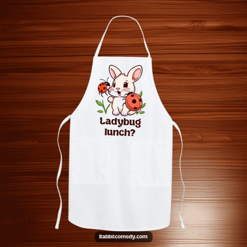 Funny apron showcasing a surprised rabbit being nudged by a friendly ladybug, adding a humorous touch to any kitchen activity.