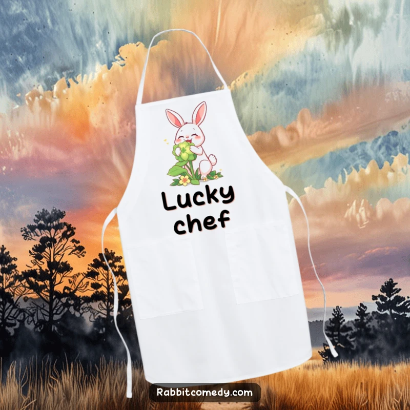 Funny rabbit apron, joyfully munching a giant glowing clover, perfect for kitchen adventures.