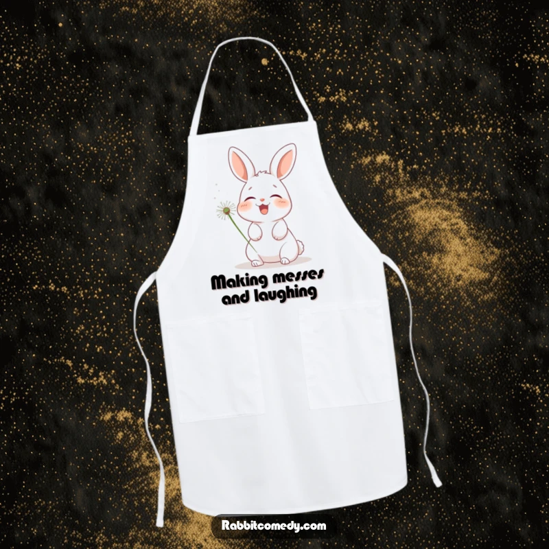 Funny rabbit apron, a chef bunny giggling uncontrollably while a fluffy dandelion tickles its nose, ready to bake treats.