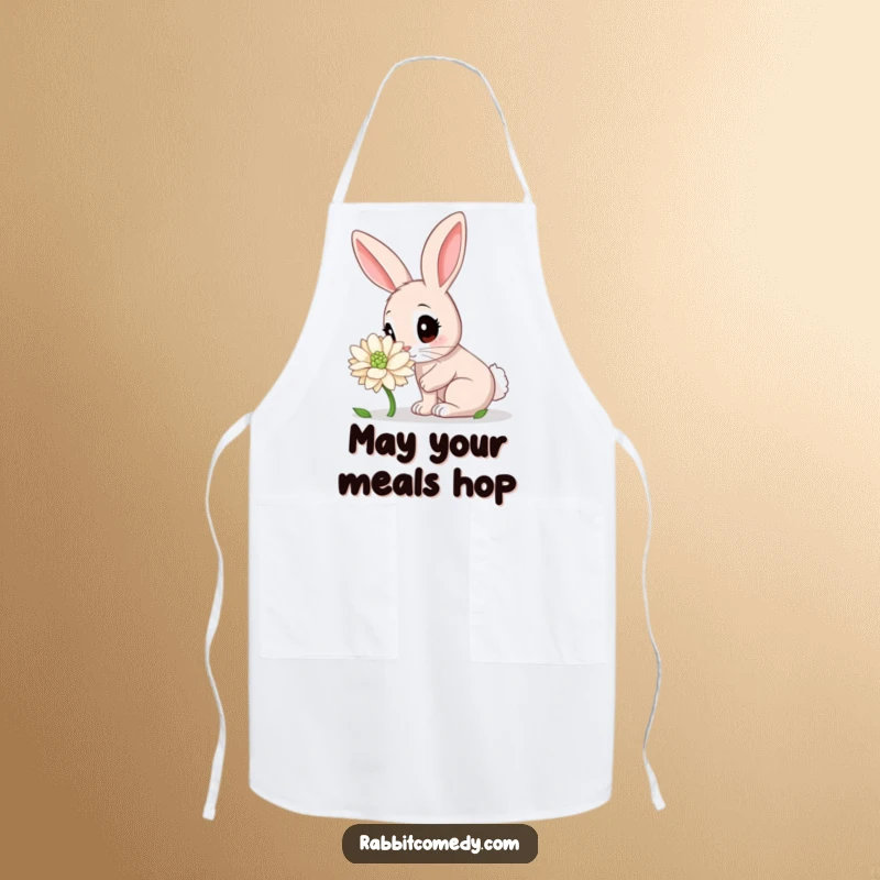Funny Rabbit Apron: A curious rabbit sniffing a giant dew-kissed clover, perfect for adding a touch of humor to kitchen activities.