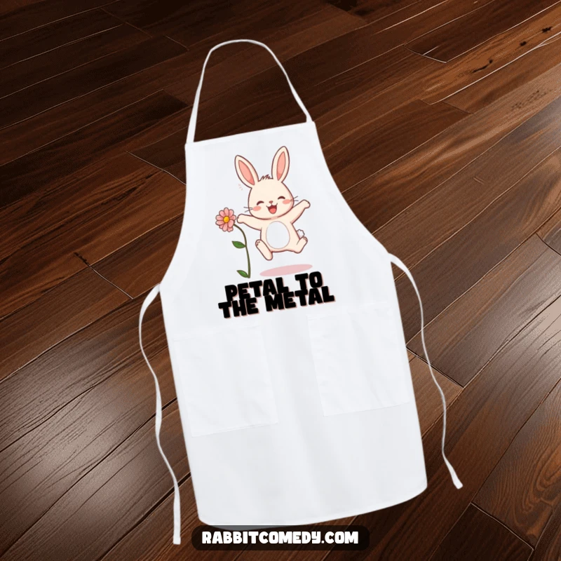 Funny rabbit apron featuring a bunny joyfully leaping with a flower, a charming and practical kitchen accessory.