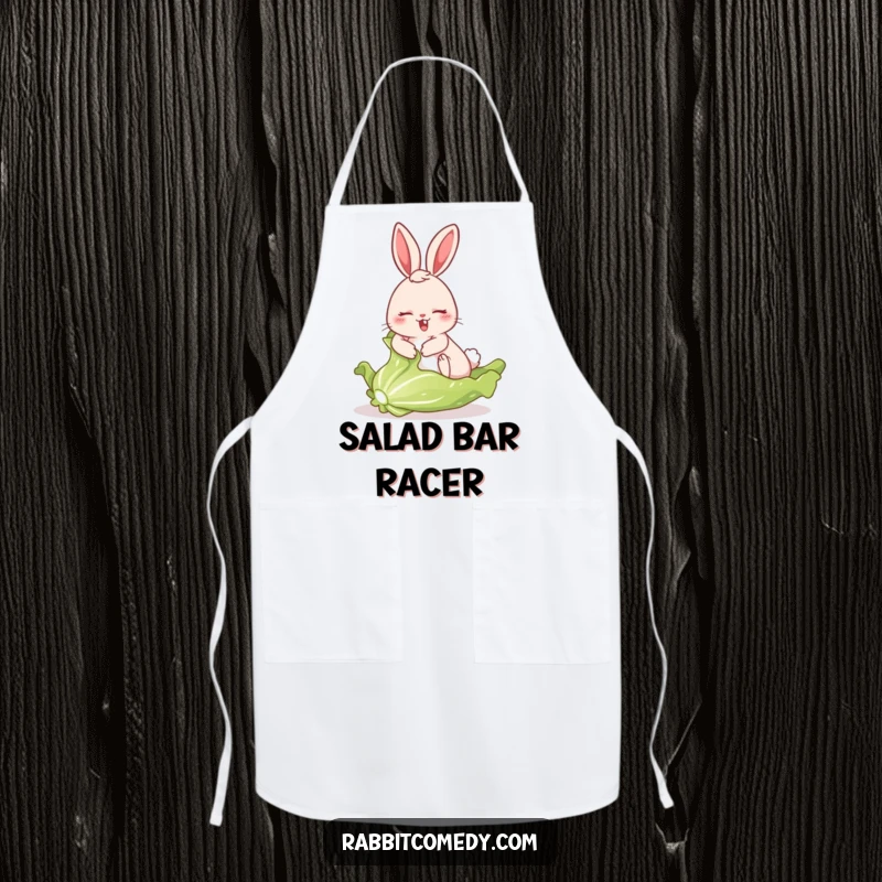 Funny apron showing a rabbit comically sliding on a freshly picked lettuce leaf, perfect for a chef who enjoys humor.