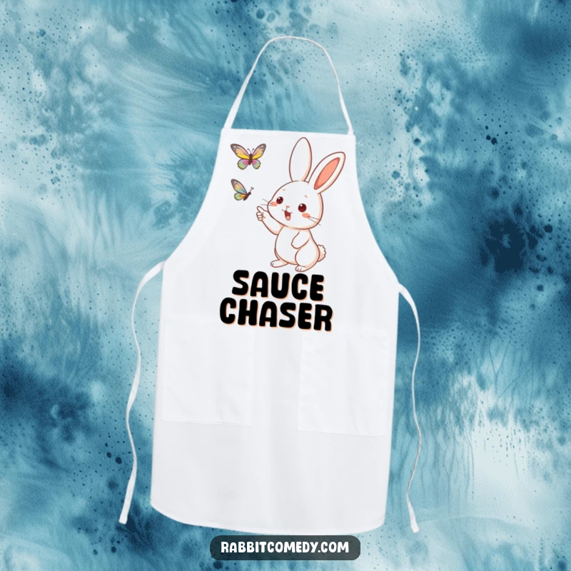 Funny Rabbit Butterfly Kitchen Apron: A humorous apron depicting a rabbit pointing with its whiskers at a butterfly.
