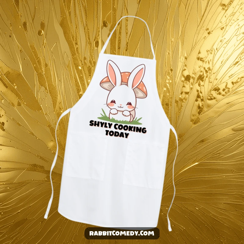 Funny shy rabbit apron showing a bunny hiding behind a mushroom with a shy smile, a charming kitchen accessory.
