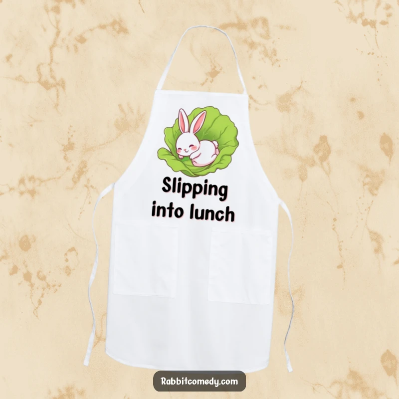 Funny Rabbit Apron: A rabbit comically sliding on a lettuce leaf, perfect for adding humor to kitchen activities.