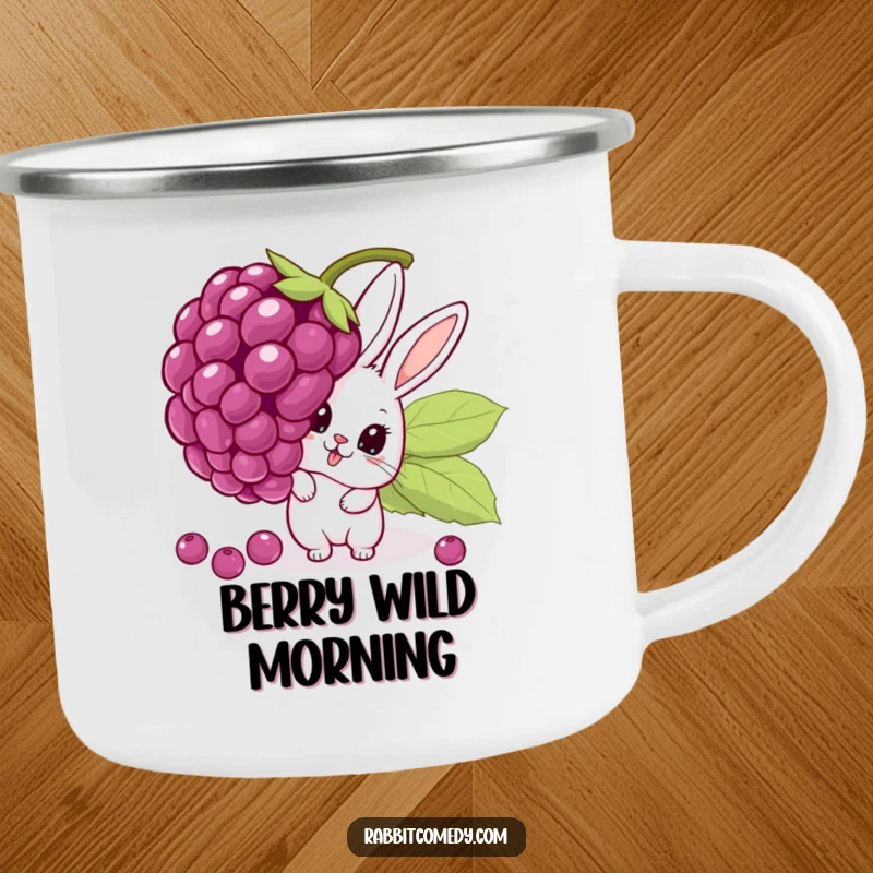 Funny camping mug showing a cartoon rabbit peeking with shock from behind a huge, wobbling berry, designed for rugged humor outdoors.