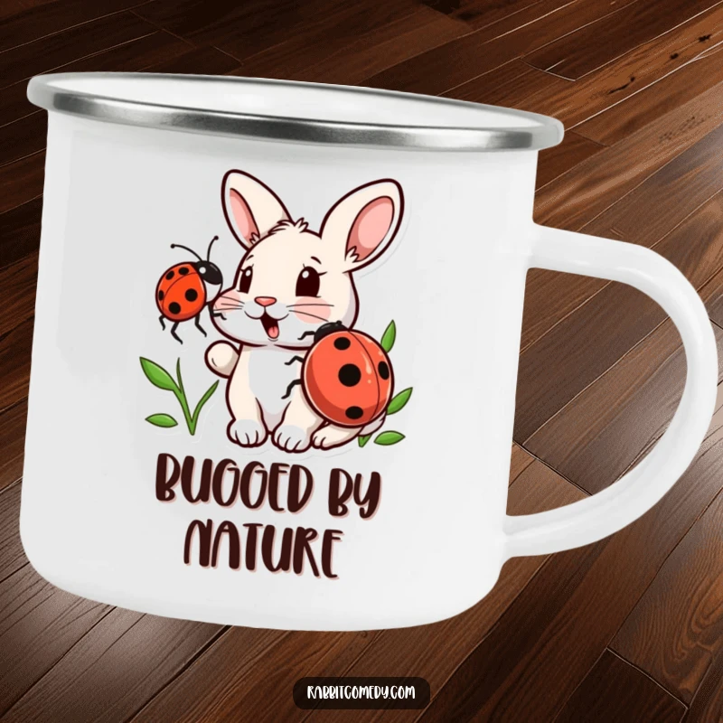 Funny camping mug showing a surprised rabbit and a friendly ladybug, ideal for outdoor enthusiasts who appreciate humor and nature.