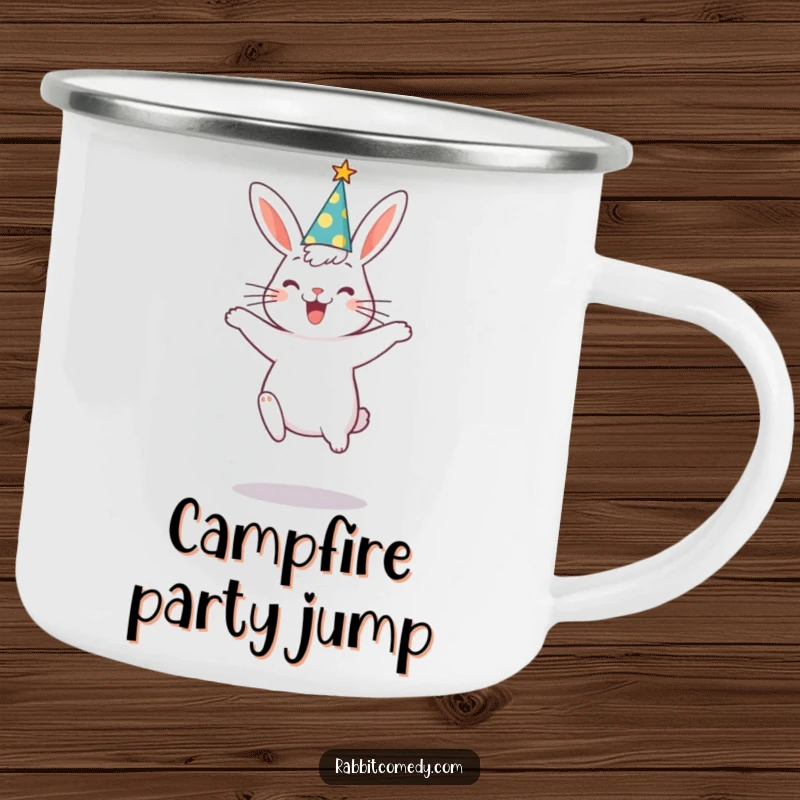 Funny rabbit wearing a party hat, mid-silly jump, ready for outdoor celebration on this durable camping mug.