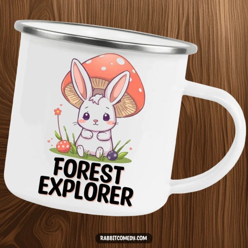 Funny rabbit camping mug showing a cute bunny peeking from behind a large mushroom, ready for woodland exploration.