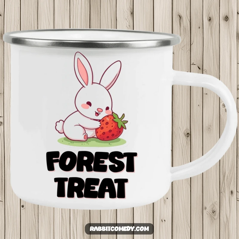 Funny camping mug with a rabbit whose nose is wiggling with joy, having found a hidden strawberry, perfect for outdoor treats.