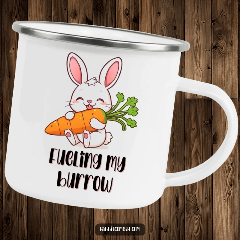 Funny camping mug with a smiling rabbit happily munching a colossal carrot, perfect for outdoor adventures and warm beverages.
