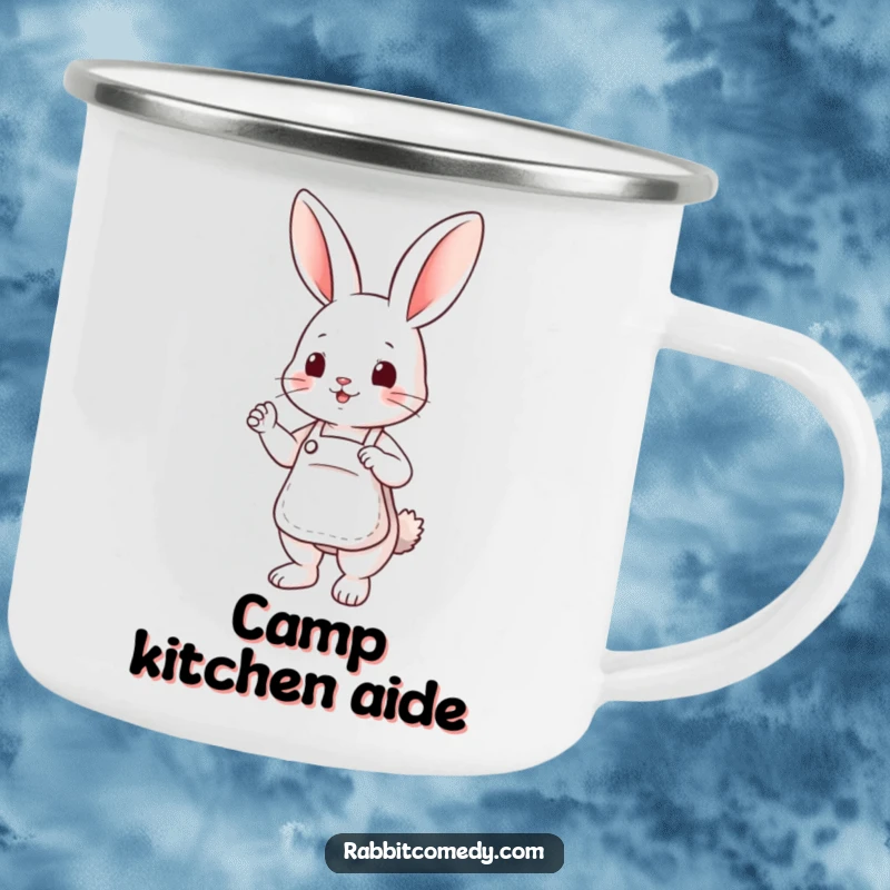 Funny camping mug with a durable enamel finish, showing a cute rabbit in a small apron, ready to help.