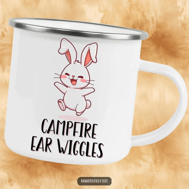 Funny Camping Mug showing a rabbit character playfully bouncing with comically floppy ears, great for outdoor enjoyment.