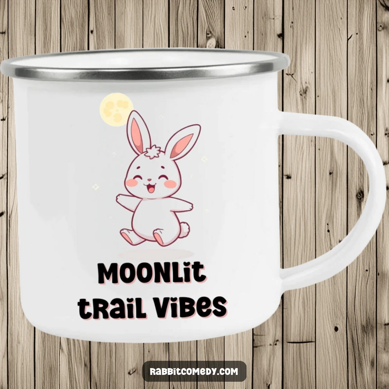 Funny camping mug showing a gleeful cartoon rabbit spinning under a sparkling, glittery moon, designed for magical outdoor enjoyment.