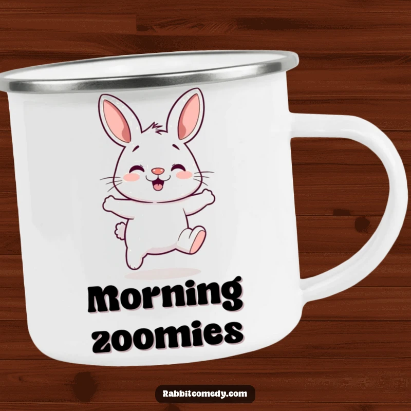 Funny camping mug with a durable enamel finish, showing a rabbit with a twitching nose doing a silly hop.